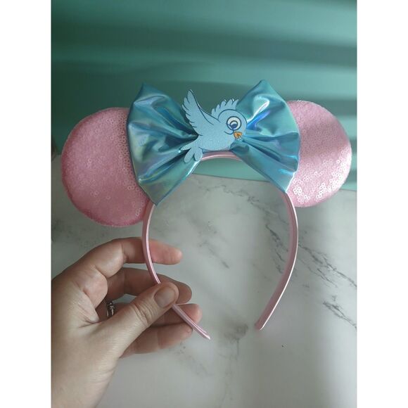 Handmade Cinderella Ears – Iridescent Blue Bow, Bluebird Helper & Pink Sequins - Picture 1 of 5